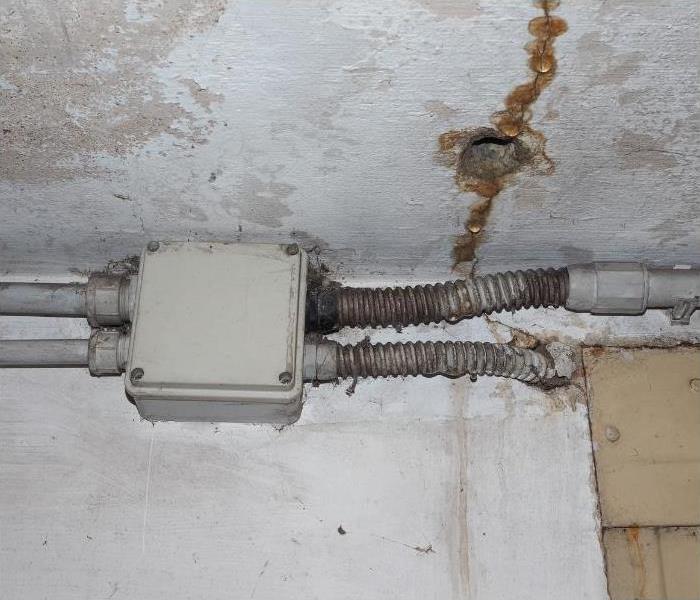 Image of an electrical junction box on the ceiling with moisture entering through a crack in the concrete above it. 