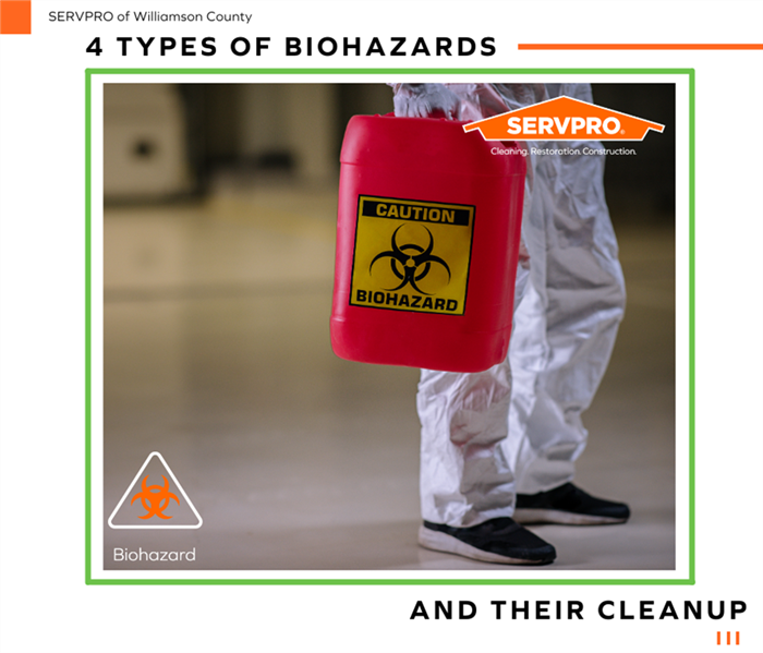 Biohazard Cleanup Technician walking with a biohazard disposal container